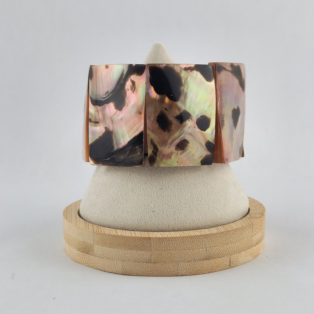 Vintage Mother of Pearl Shell Stretch Cuff Bracelet Iridescent Brown Wide Panel - Picture 11 of 12